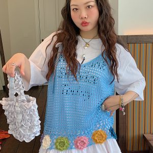 Floral Hollow Vest Women's Cover-up - Handmade Sleeveless Camisole Top for Summer 2025, Trendy Korean Style Outer Wear