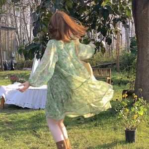 Floral Long Sleeve Chiffon Dress for Women - Spring Loose Puff Sleeve Cake Dress, Vintage Flower Dance Style, Perfect for Spring Events