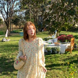 Floral Long Sleeve Chiffon Dress for Women - Spring Loose Puff Sleeve Cake Dress, Vintage Flower Dance Style, Perfect for Spring Events