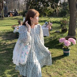 Floral Long Sleeve Chiffon Dress for Women - Spring Loose Puff Sleeve Cake Dress, Vintage Flower Dance Style, Perfect for Spring Events
