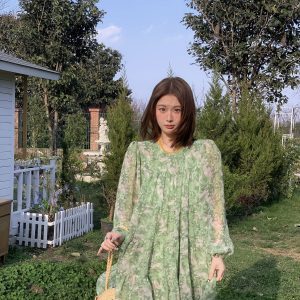 Floral Long Sleeve Chiffon Dress for Women - Spring Loose Puff Sleeve Cake Dress, Vintage Flower Dance Style, Perfect for Spring Events