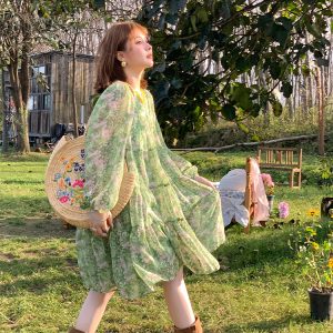 Floral Long Sleeve Chiffon Dress for Women - Spring Loose Puff Sleeve Cake Dress, Vintage Flower Dance Style, Perfect for Spring Events