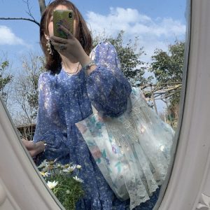 Floral Long Sleeve Chiffon Dress for Women - Spring Loose Puff Sleeve Cake Dress, Vintage Flower Dance Style, Perfect for Spring Events