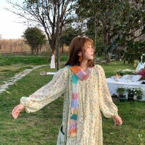 Floral Long Sleeve Chiffon Dress for Women - Spring Loose Puff Sleeve Cake Dress, Vintage Flower Dance Style, Perfect for Spring Events
