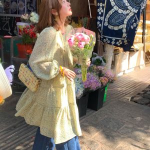 Floral Long Sleeve Chiffon Dress for Women - Spring Loose Puff Sleeve Cake Dress, Vintage Flower Dance Style, Perfect for Spring Events