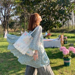 Floral Long Sleeve Chiffon Dress for Women - Spring Loose Puff Sleeve Cake Dress, Vintage Flower Dance Style, Perfect for Spring Events