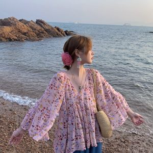 Floral Long Sleeve Chiffon Shirt for Women - Vintage 90s Style Loose Bell Sleeve Sun Protection Top