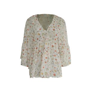 Floral Long Sleeve Chiffon Shirt for Women - Vintage 90s Style Loose Bell Sleeve Sun Protection Top