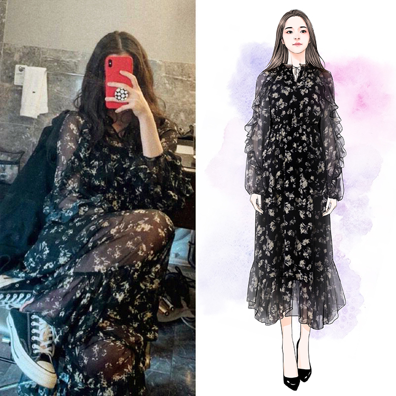 Floral Long Sleeve Dress for Women - Waist-Cinching, Slim-Fit, Elegant Spring/Summer 2025 Fashion – French Style