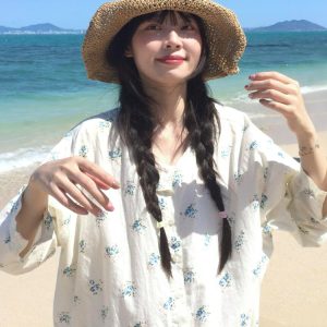 Floral Long-Sleeve Shirt for Women - Spring Sun-Protective Jacket, Casual College Style, Loose Fit Top