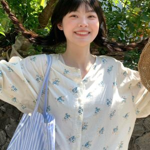 Floral Long-Sleeve Shirt for Women - Spring Sun-Protective Jacket, Casual College Style, Loose Fit Top