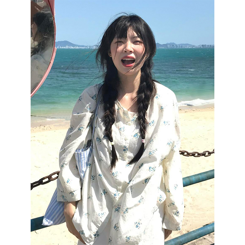 Floral Long-Sleeve Shirt for Women - Spring Sun-Protective Jacket, Casual College Style, Loose Fit Top