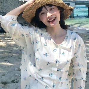 Floral Long-Sleeve Shirt for Women - Spring Sun-Protective Jacket, Casual College Style, Loose Fit Top