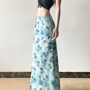 Floral Mesh Skirt for Women - Low Waist Slim Fit Long Pants - Summer Island Rose Design - Vacation Ready Mint Green Style