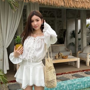 Floral One-Shoulder Chiffon Shirt Dress for Women - Lightweight, Waist-Cinching, Sweet Spring/Summer Style Short Skirt