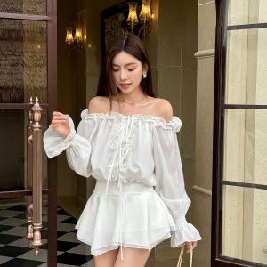 Floral One-Shoulder Chiffon Shirt Dress for Women - Lightweight, Waist-Cinching, Sweet Spring/Summer Style Short Skirt