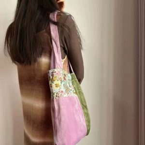 Floral Patchwork Velvet Tote Bag - Vintage Large-Capacity Commuter Shoulder Handbag for Casual Everyday Use