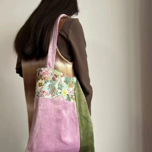 Floral Patchwork Velvet Tote Bag - Vintage Large-Capacity Commuter Shoulder Handbag for Casual Everyday Use
