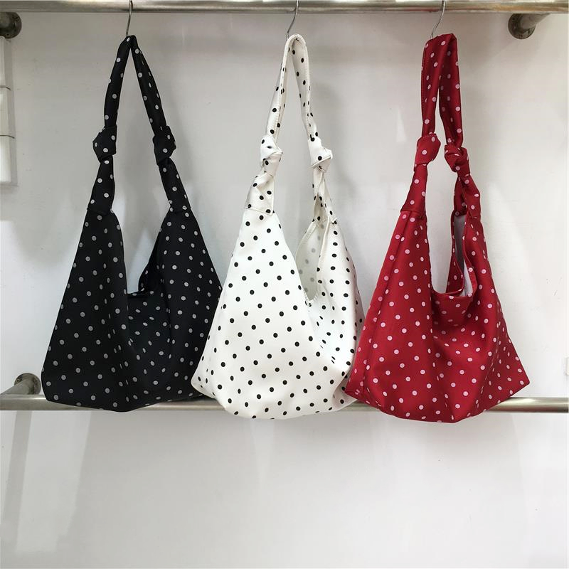 Floral Polka Dot Women's Tote Bag - Handmade Japanese & Korean Style Shoulder Bag with Tie Strap