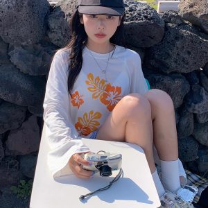 Floral Print Long Sleeve T-Shirt for Women - American Style Loose Round Neck Sun Protection Cover-Up - Summer Thin Top