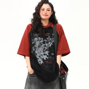 Floral Printed Color-Blocking Raglan Short Sleeve T-Shirt for Women - Trendy Summer Loose Fit American Retro Style Tee