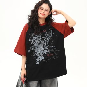 Floral Printed Color-Blocking Raglan Short Sleeve T-Shirt for Women - Trendy Summer Loose Fit American Retro Style Tee