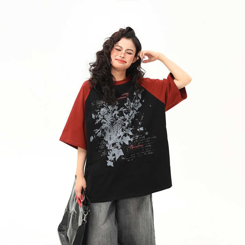 Floral Printed Color-Blocking Raglan Short Sleeve T-Shirt for Women - Trendy Summer Loose Fit American Retro Style Tee