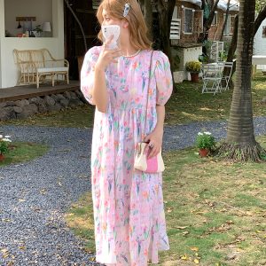 Floral Puff Sleeve A-Line Dress - Women's Vintage Summer Dress with Loose Fit, Romantic Style, Perfect for 90s and Y2K Looks