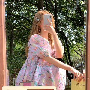 Floral Puff Sleeve A-Line Dress - Women's Vintage Summer Dress with Loose Fit, Romantic Style, Perfect for 90s and Y2K Looks