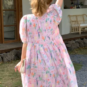 Floral Puff Sleeve A-Line Dress - Women's Vintage Summer Dress with Loose Fit, Romantic Style, Perfect for 90s and Y2K Looks