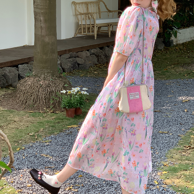 Floral Puff Sleeve A-Line Dress - Women's Vintage Summer Dress with Loose Fit, Romantic Style, Perfect for 90s and Y2K Looks