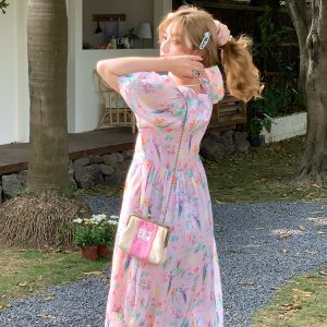 Floral Puff Sleeve A-Line Dress - Women's Vintage Summer Dress with Loose Fit, Romantic Style, Perfect for 90s and Y2K Looks