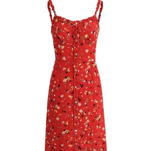 Floral Red Long Dress for Women - French-Style Summer Vacation Dress 2025, Celebrity-Inspired, Perfect for 90s and Y2K Fashion