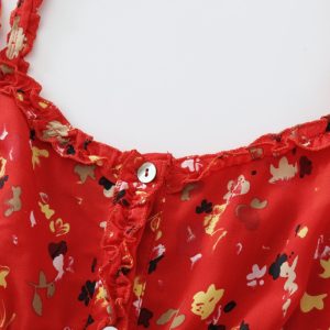 Floral Red Long Dress for Women - French-Style Summer Vacation Dress 2025, Celebrity-Inspired, Perfect for 90s and Y2K Fashion