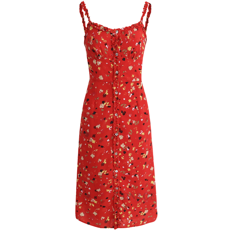 Floral Red Long Dress for Women - French-Style Summer Vacation Dress 2025, Celebrity-Inspired, Perfect for 90s and Y2K Fashion