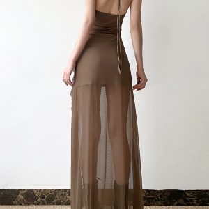 Floral Ribbon Split Hem Backless Halter Camisole Dress with Sheer Mesh Splicing - Y2K Inspired Long Skirt