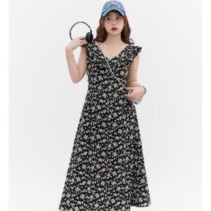 Floral Ruffled Sleeve Tea Dress - Curvy Fit, Waist-Defined, Vintage-Inspired Floral Print, Perfect for Y2K and Summer Events