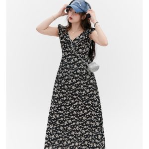 Floral Ruffled Sleeve Tea Dress - Curvy Fit, Waist-Defined, Vintage-Inspired Floral Print, Perfect for Y2K and Summer Events
