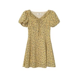Floral Ruffled V-Neck Dress for Women, Tie Waist-Cinching, Mid-Length A-Line, Perfect for 2025 Spring and Summer Fashion