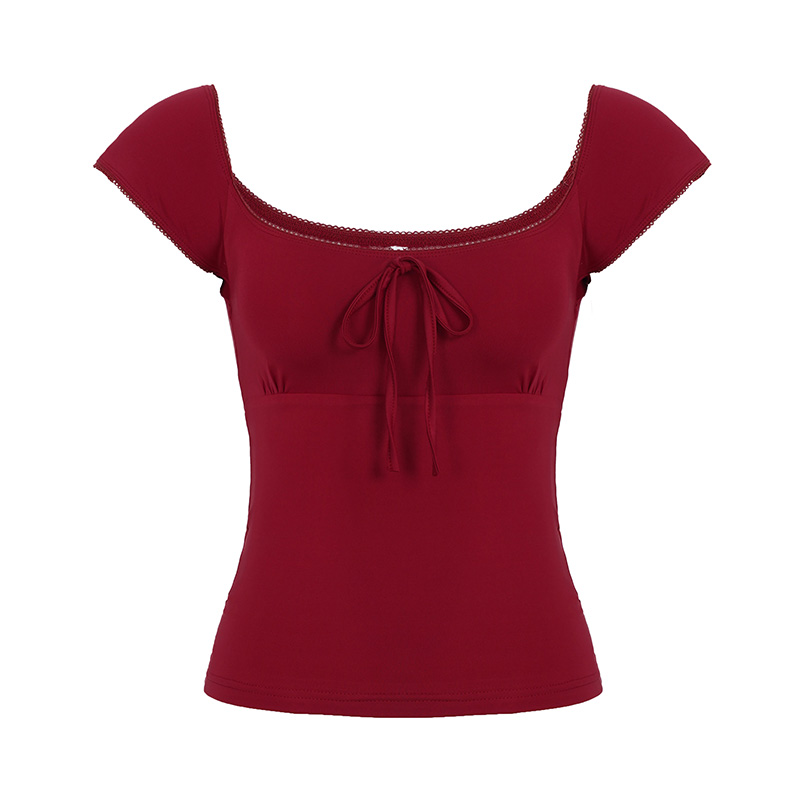 Floral Season Rose Women's Summer T-Shirt - Small Fly Sleeve, Low Square Neck, Butterfly Tie, Solid Color, Brightening Style