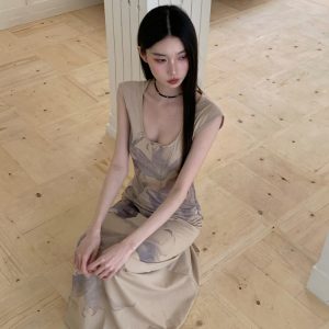 Floral Shadow Print Cotton Dress - Elegant Chinese Design for Spring & Summer - Perfect for 90s & Y2K Inspired Fashion