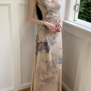 Floral Shadow Print Cotton Dress - Elegant Chinese Design for Spring & Summer - Perfect for 90s & Y2K Inspired Fashion