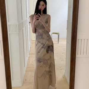 Floral Shadow Print Cotton Dress - Elegant Chinese Design for Spring & Summer - Perfect for 90s & Y2K Inspired Fashion