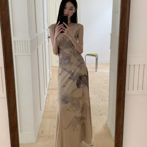 Floral Shadow Print Cotton Dress - Elegant Chinese Design for Spring & Summer - Perfect for 90s & Y2K Inspired Fashion