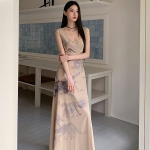 Floral Shadow Print Cotton Dress - Elegant Chinese Design for Spring & Summer - Perfect for 90s & Y2K Inspired Fashion