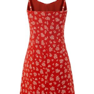 Floral Slimming Short Red Spaghetti Strap Dress - 2025 Summer French Vacation Style for Women, Perfect for Y2K and 90s Fashion Fans