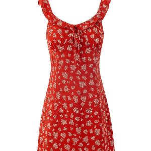 Floral Slimming Short Red Spaghetti Strap Dress - 2025 Summer French Vacation Style for Women, Perfect for Y2K and 90s Fashion Fans