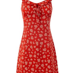 Floral Slimming Short Red Spaghetti Strap Dress - 2025 Summer French Vacation Style for Women, Perfect for Y2K and 90s Fashion Fans