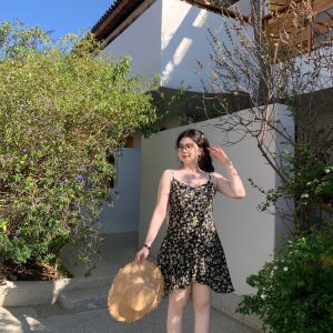 Floral Spaghetti Strap Dress with French V-Neck and Waist-Cinching Design - Midsummer Chic, Slimming Textured Skirt, Perfect for Daywear