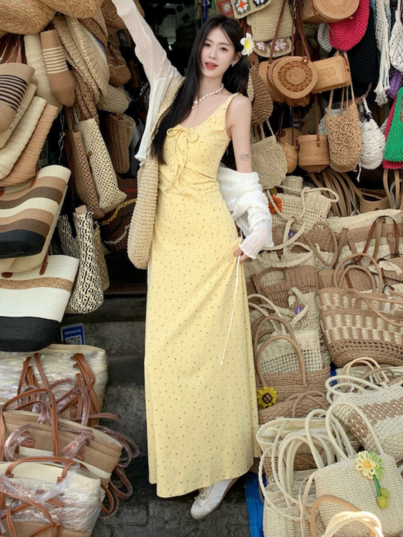 Floral Spaghetti Strap Long Dress with Low Neck and Bow Tie - Women's Gentle Summer Dress, Perfect for Y2K and Bohemian Styles Floral Spaghetti Strap Long Dress with Low Neck and Bow Tie - Women's Gentle Summer Dress, Perfect for Y2K and Bohemian Styles